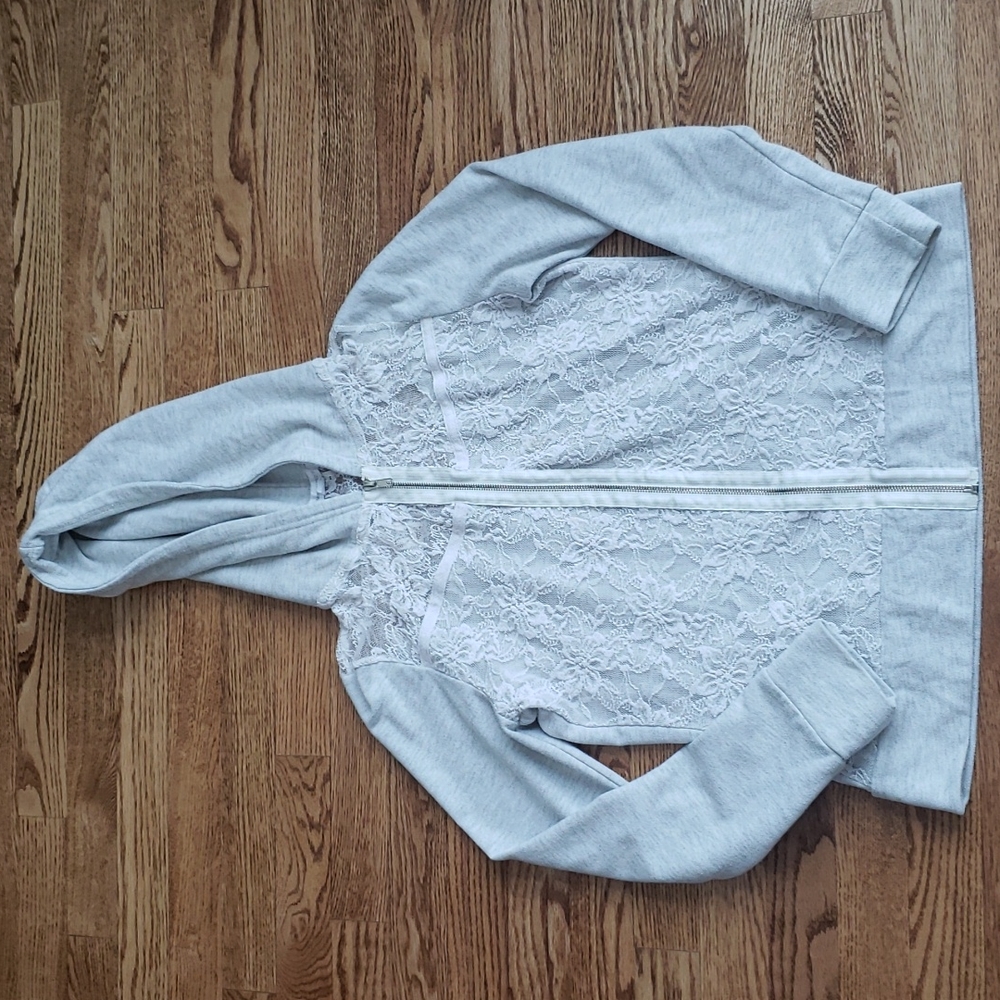 (M) WarehouseOne Lace Zip Up Hoodie Casual Unique Floral Sheer Athleisure Boho
